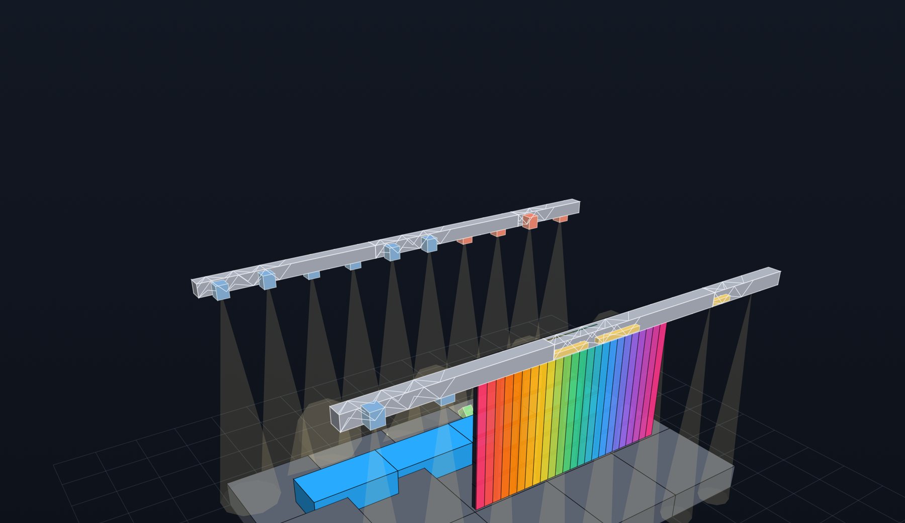 Bühne mit Traversen und Lampen in der 3D-Ansicht