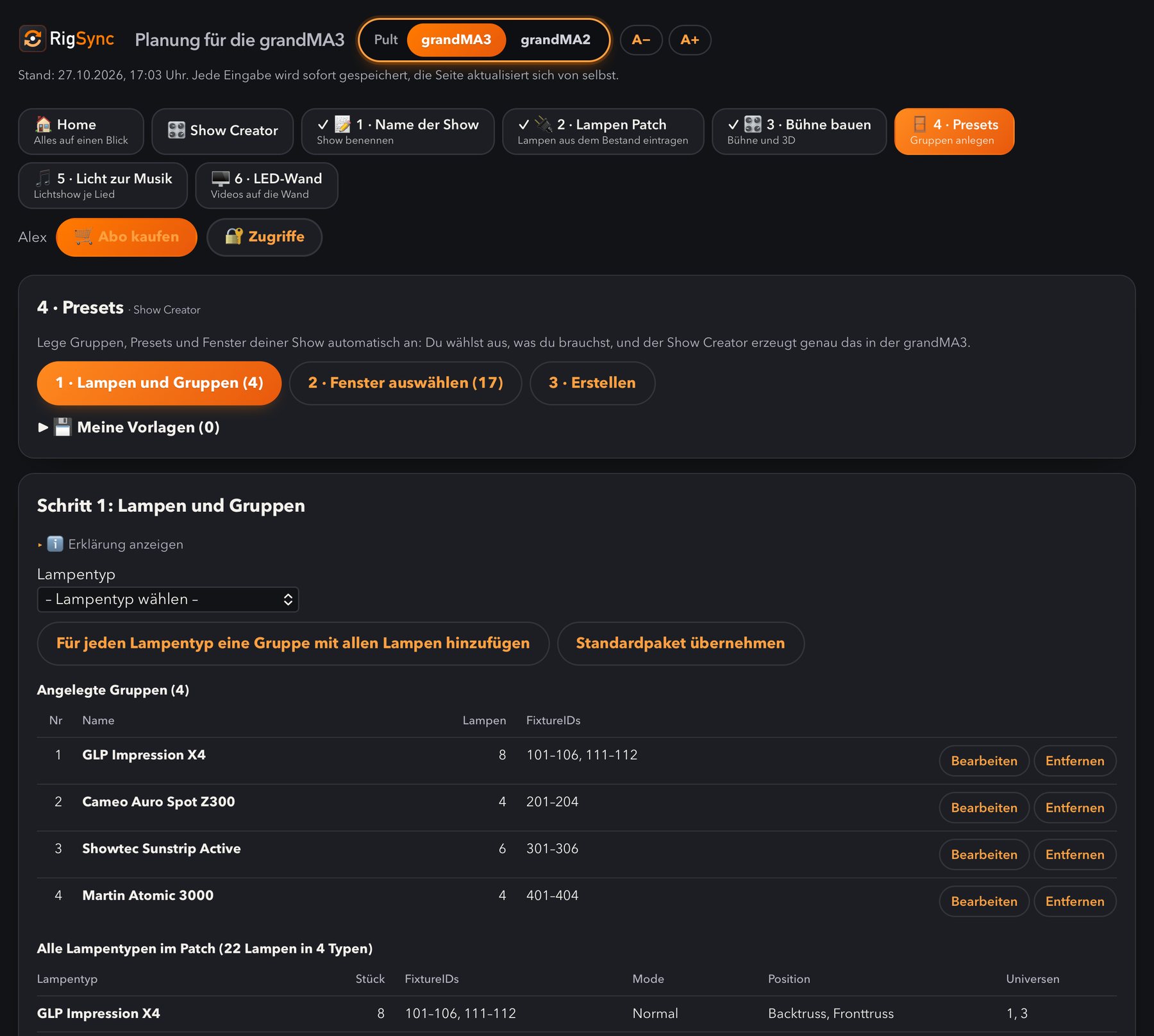 Presets mit Gruppen und Fenstern
