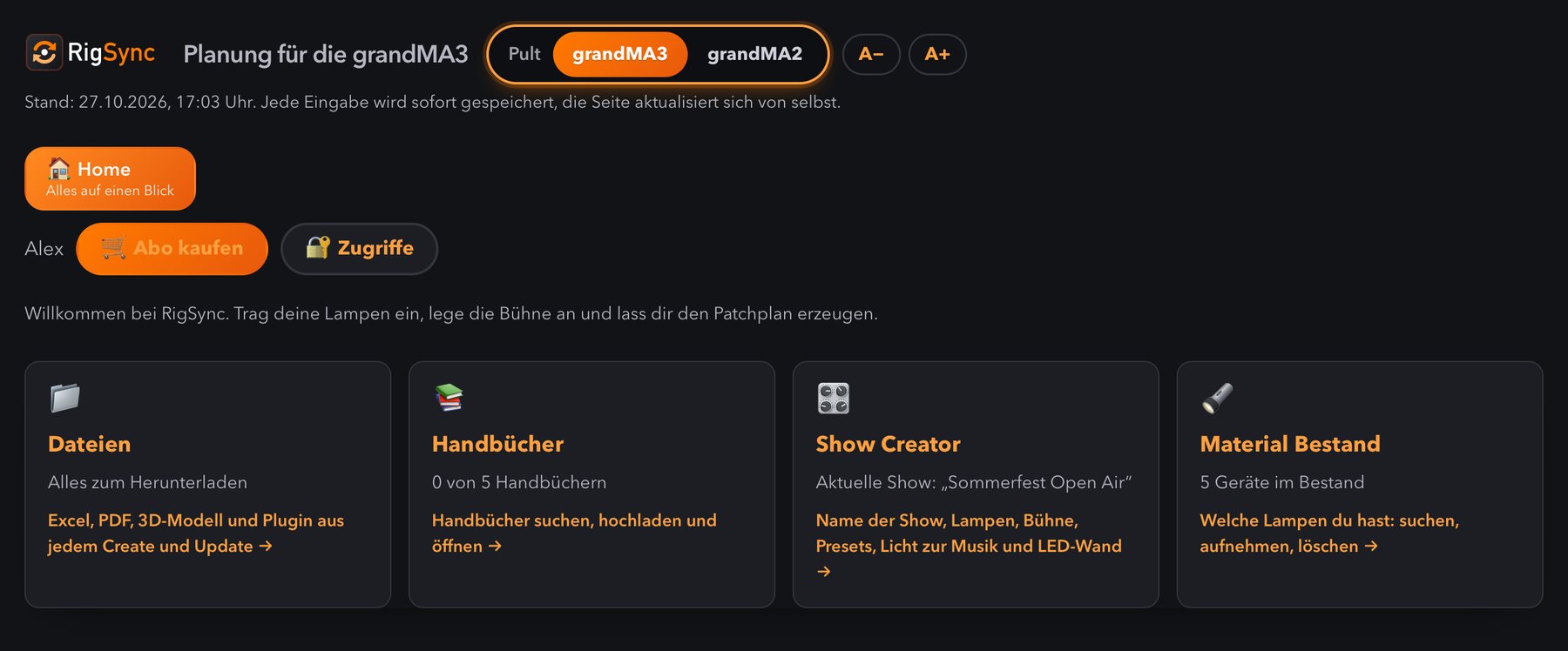 Startseite von RigSync mit den vier Bereichen